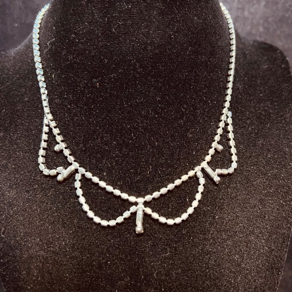 Vintage Silver Tone And Blue Rhinestone Choker Necklace With Clip On Earrings - Picture 1 of 6